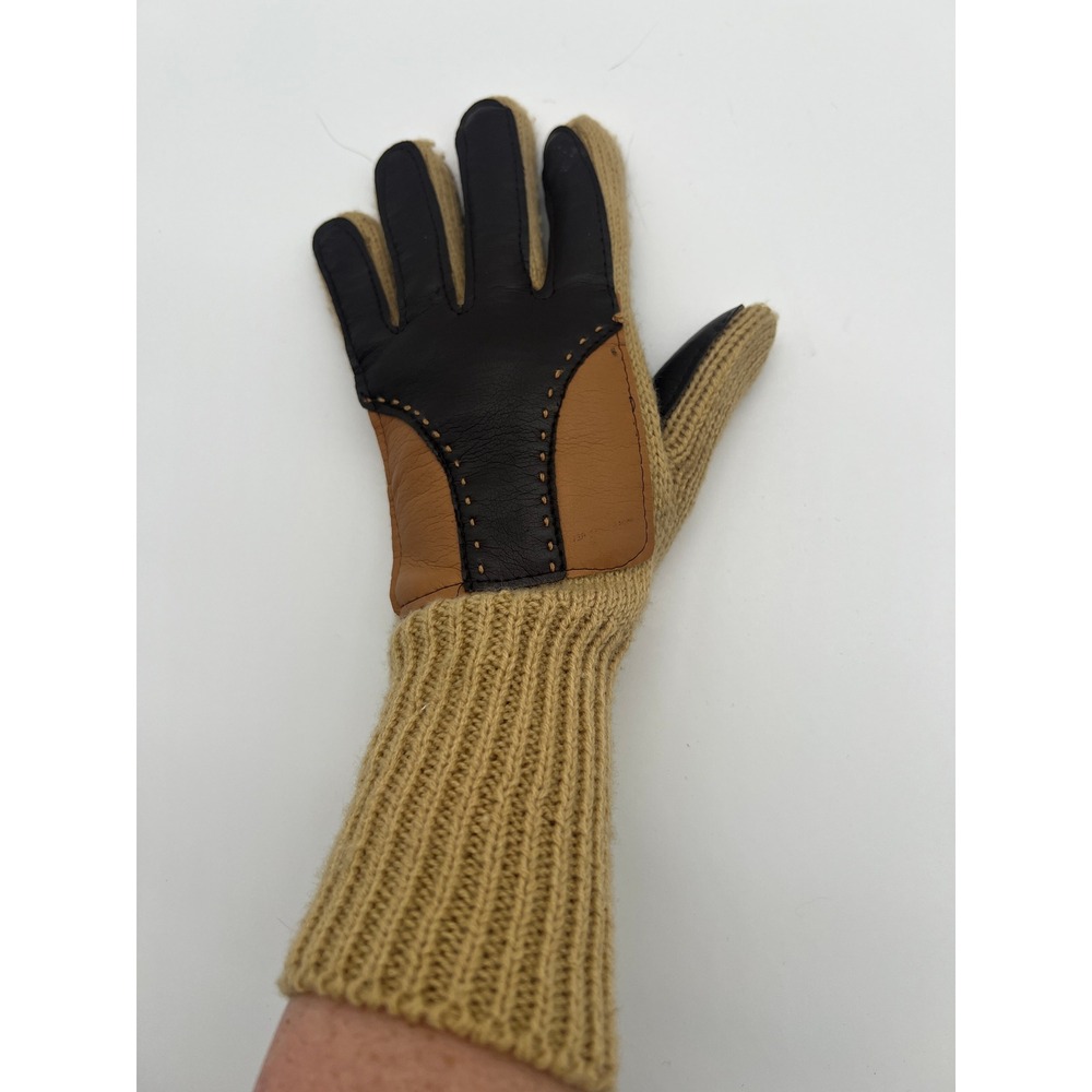 Vintage Leather Knit Back Driving Gloves Brown/Tan‎ Workwear Ranch Unisex - Picture 6 of 6